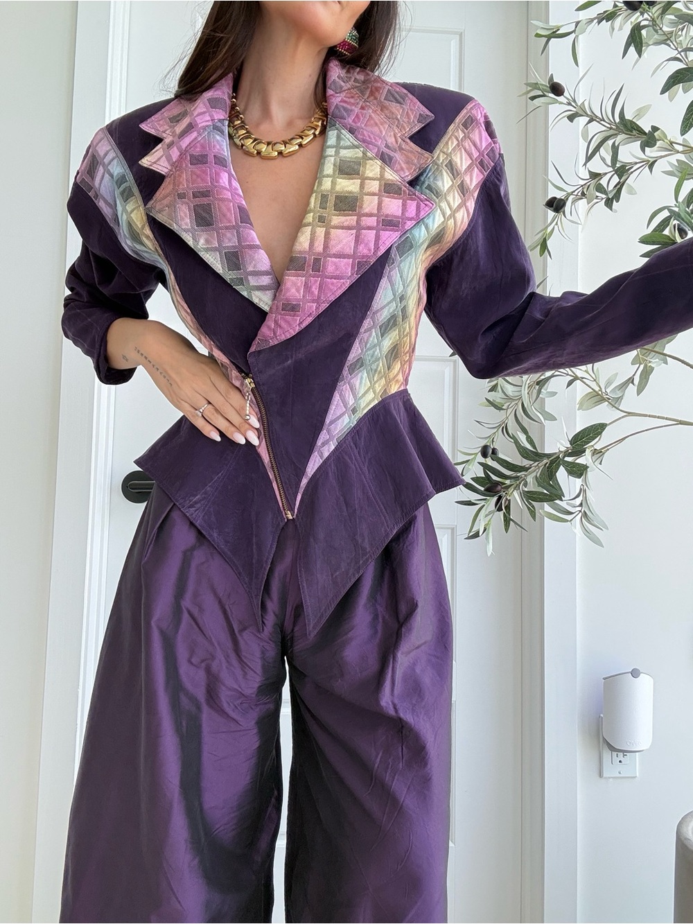 VTG Rare Cache Rainbow Purple Peplum Mugler-esque Corset Style 80s Blazer Set - Picture 4 of 8